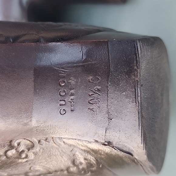 Gucci Gold clasp Horsebit Brown Leather GG Peep Toe Heels Size 40.5 C - Picture 9 of 12